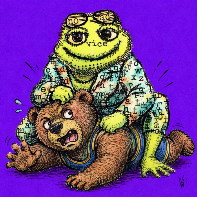 A colorful illustration on a purple background showing a yellow frog-like character with sunglasses labeled 'vice' riding on the back of a frightened-looking brown bear, both covered in scattered letters of the alphabet.