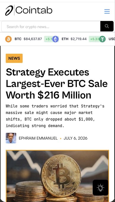 A screenshot of a Cointab news article titled 'Strategy Executes Largest-Ever BTC Sale Worth $216 Million', showing BTC at $84,637.87 and ETH at $2,719.44, dated July 6, 2026 by Ephraim Emmanuel.
