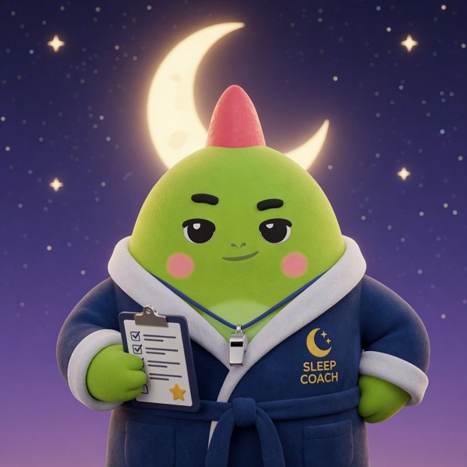 A 3D-rendered cartoon character of a green pear-shaped figure with a pink tip, wearing a blue 'SLEEP COACH' bathrobe and holding a clipboard, set against a night sky background featuring a glowing crescent moon and stars.