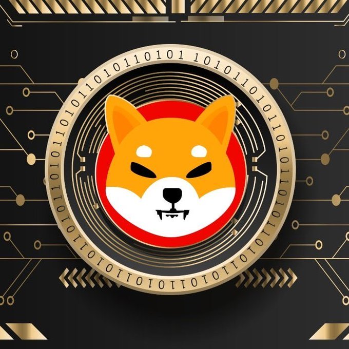 A stylized Shiba Inu dog emblem with fangs sits inside a gold coin rimmed with binary code (1s and 0s), set against a black circuit-board background, visually reinforcing the $SHIB crypto hype post about a strong bounce-back, short squeezes, whale accumulation, and burn rate activity.