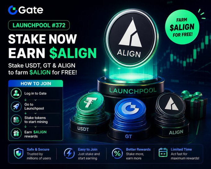 Gate.io 'Launchpool #372' promotional banner inviting users to stake USDT, GT & ALIGN to farm $ALIGN for free, with cryptocurrency coin stacks and a step-by-step 'How to Join' guide.