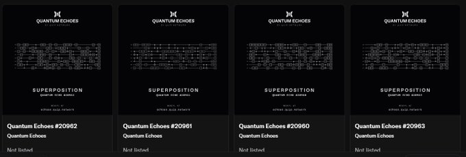 Four black digital NFT cards from the 'Quantum Echoes' collection (#20962, #20961, #20960, #20963), each marked 'SUPERPOSITION' and 'Not listed', featuring intricate maze-like code patterns.
