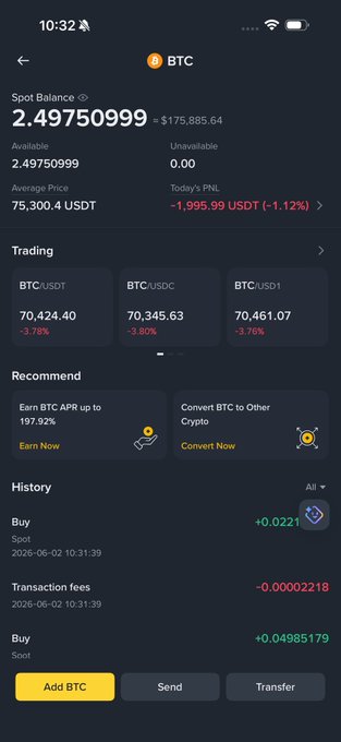 The image shows a smartphone displaying the transaction details of a trade involving Bitcoin, with its value being $0.5, and an owner holding 2.5 Bitcoins worth $70,400. The phone screen also displays information about sending money, as well as recommendations for trading in Bitcoin. The text from the post reads: "I just bought another 0.5 BTC at $70,400, bringing my total Bitcoin holdings to 2.5 BTC."