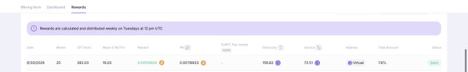 A rewards dashboard showing dates from 6/30/2026 with balance and discount details on a white and purple interface.