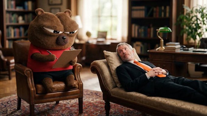 A large teddy bear wearing a red shirt takes notes on a clipboard while sitting in a chair across from a man in a suit reclining on a couch during what appears to be a therapy session. The image humorously relates to the meme by depicting an unconventional "therapy" scenario, fitting the absurdist tone of posting memes daily to promote $BOBO's journey to a 1B market cap.