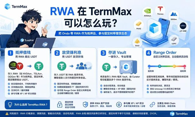 Informational graphic titled 'RWA 在 TermMax 可以怎么玩?' (How to play RWA on TermMax) featuring an anime-style character with a laptop, explaining 4 methods to use Ondo RWA tokens as collateral: borrow USDT, lend for interest, deposit in Vault, and Range Order.
