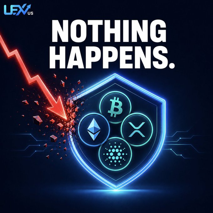 A graphic featuring a shield protecting cryptocurrency logos (Bitcoin, Ethereum, XRP, Cardano) from a red downward arrow, with bold text 'NOTHING HAPPENS.' and a 'LATEXUS' logo in the upper left corner.