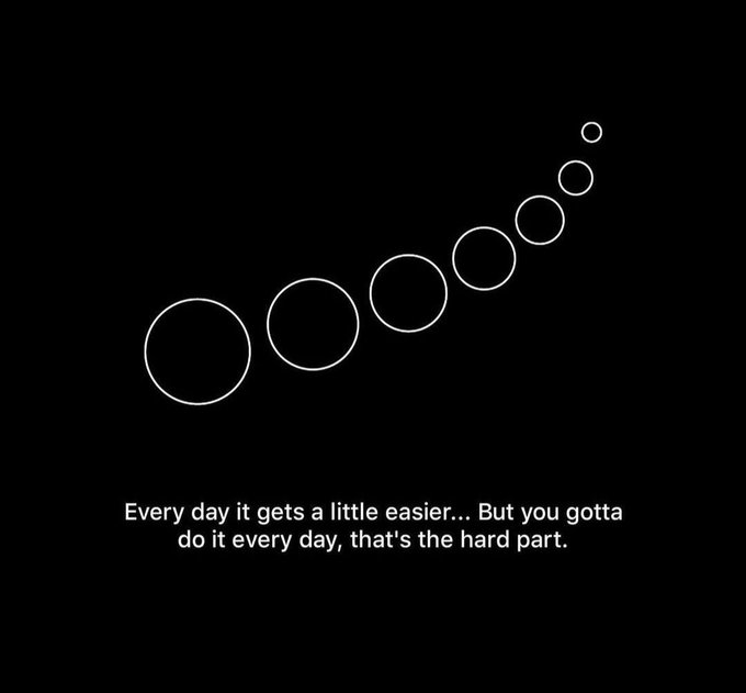 A minimalist black graphic shows seven circles decreasing in size along a diagonal line, with the text: 'Every day it gets a little easier... But you gotta do it every day, that's the hard part.'