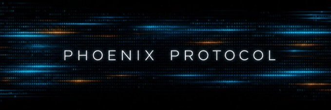 A wide, cinematic banner with "PHOENIX PROTOCOL" in white text centered against a dark background streaked with horizontal blue and orange light effects.