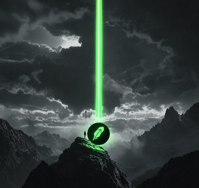 A dramatic digital artwork showing a silhouette of a person standing on a rocky peak next to a large green coin logo, illuminated by a vertical beam of green light against a cloudy sky.