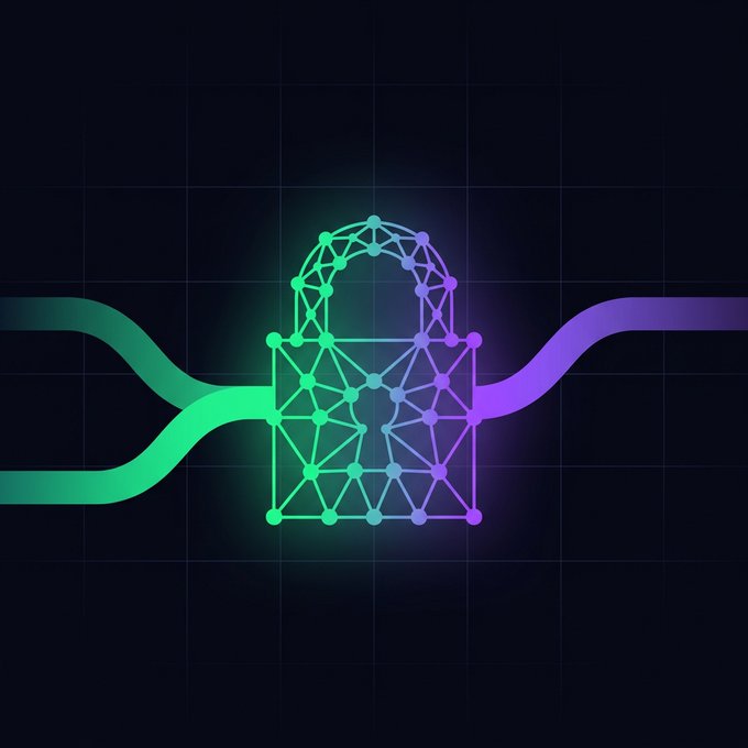 A digital illustration of a padlock made of connected nodes in a gradient of green to purple, with matching wavy lines extending from its sides against a dark grid background.