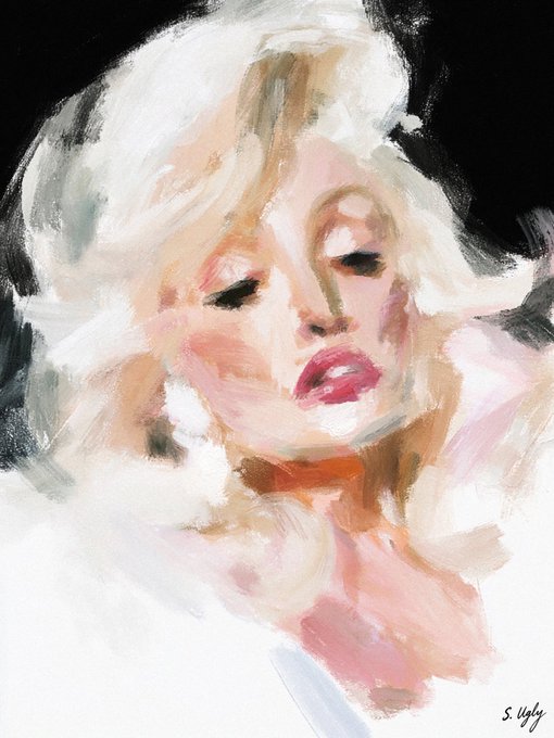 A textured oil painting portrait of a blonde woman with downcast eyes and pink lips by artist Sofie Ugly, whose signature "S. Ugly" appears in the bottom right corner. The piece exemplifies the rich, expressive brushwork and interpretive human form that the post praises, showcasing the artist's bold, emotionally evocative style.