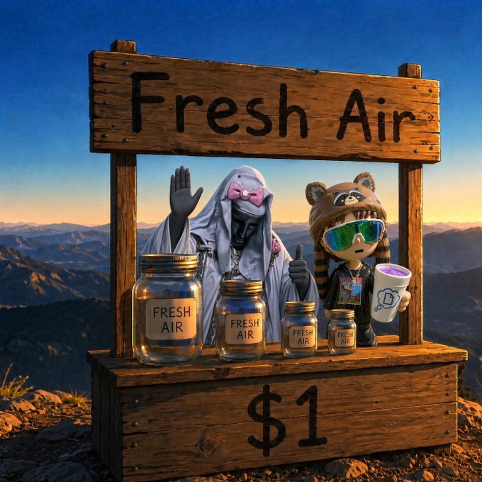 An AI-generated illustration of a wooden stand selling jars labeled 'Fresh Air' for $1, staffed by a ghost-like figure with a bow and a masked character with sunglasses.
