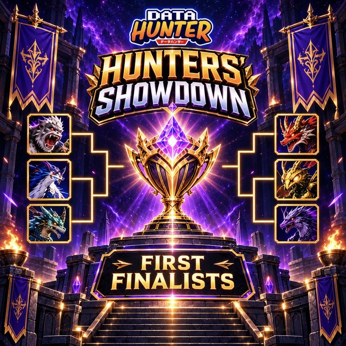 A promotional graphic for the "DATA HUNTER HUNTERS SHOWDOWN" tournament, featuring a golden trophy and a "FIRST FINALISTS" banner, displays a tournament bracket with six dragon-like creature portraits set against a purple castle backdrop. The image aligns with the post's announcement of semifinal victories for finalists @QUEENEonsol (NOVICE) and @Jibijiboooo (MASTER) in the Hunters' Showdown update.