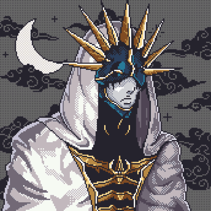 A pixel art portrait of a hooded figure wearing a spiked golden crown against a backdrop of clouds and a crescent moon.