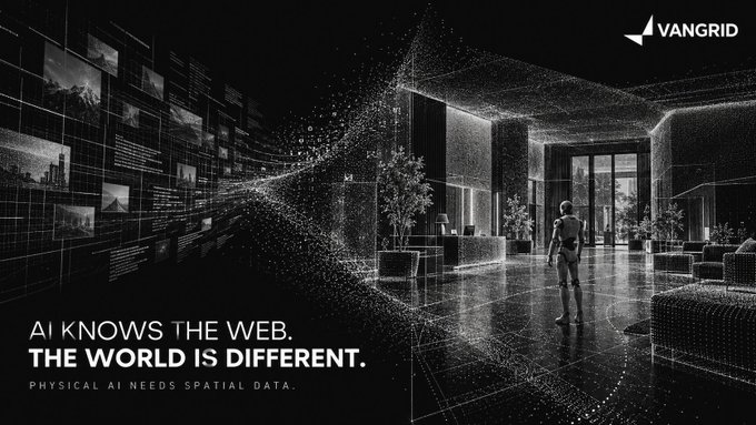 A dark, stylized promotional graphic for VANGRID features a humanoid robot in a modern room with the text 'AI KNOWS THE WEB. THE WORLD IS DIFFERENT. PHYSICAL AI NEEDS SPATIAL DATA.'