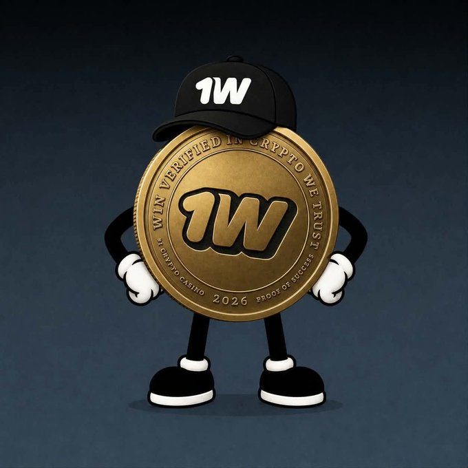 A cartoon character designed as a gold crypto coin wearing a black cap, featuring the '1W' logo and the inscription 'WIN WEALTH IN CRYPTO WE TRUST - 1W CRYPTO CASINO 2026 PROOF OF SUCCESS.'