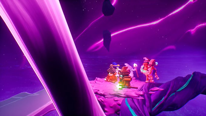 A vibrant purple and pink cosmic landscape features a beam of light streaking across the sky, illuminating a rocky outcrop where colorful, ornate figures are gathered, with floating rocks suspended in the starry background.