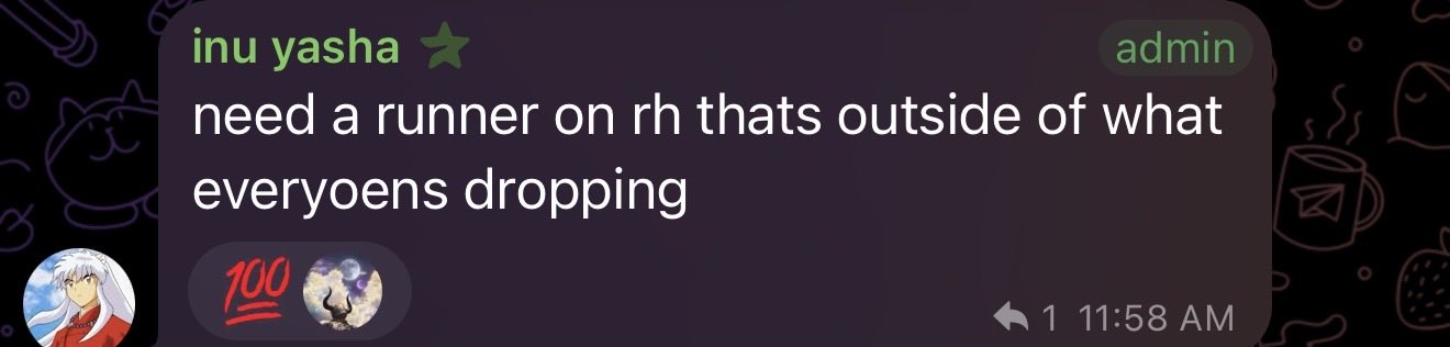 A Discord message from admin user "inu yasha" at 11:58 AM reads, "need a runner on rh thats outside of what everyoens dropping," referencing Robinhood (rh) and suggesting interest in $BUY as a non-correlated runner, aligning with the bullish sentiment in the accompanying post.