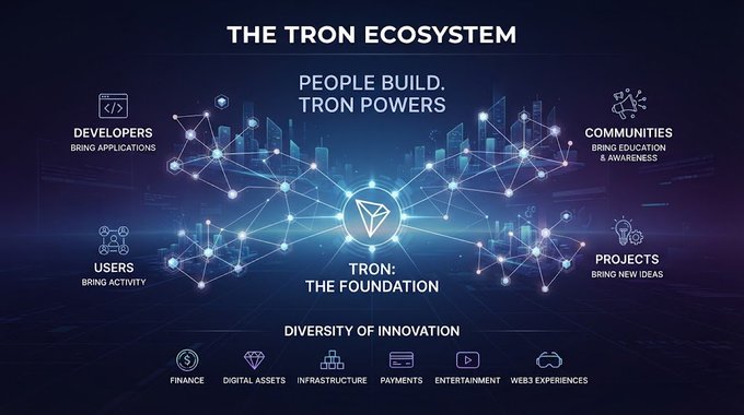 A blue-toned infographic titled "THE TRON ECOSYSTEM" showing "PEOPLE BUILD, TRON POWERS" with a central TRON logo connecting Developers, Communities, Users, and Projects, with categories including Finance, Digital Assets, and Infrastructure at the bottom.