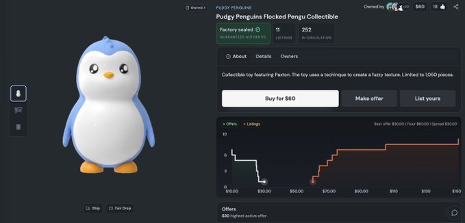 A Pudgy Penguins NFT marketplace listing for 'Pudgy Penguins Flocked Pengu Collectible' featuring a blue and white plush penguin, priced at $60 with 252 in circulation and a price chart displayed.