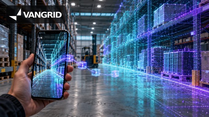 A hand holds a smartphone displaying a digital interface inside a warehouse, with the 'VANGRID' logo in the corner and holographic data visualizations floating above the shelving.