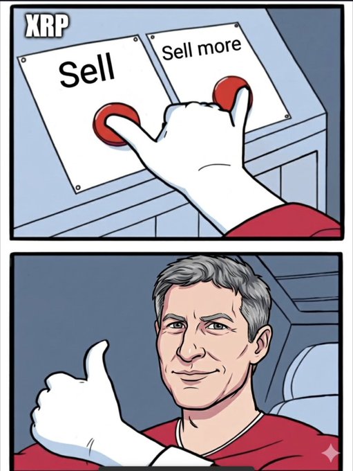 A two-panel comic meme showing a hand pushing a red 'XRP Sell' button instead of a 'Sell more' button, followed by a panel of a man in a red uniform giving a thumbs up, referencing XRP cryptocurrency.