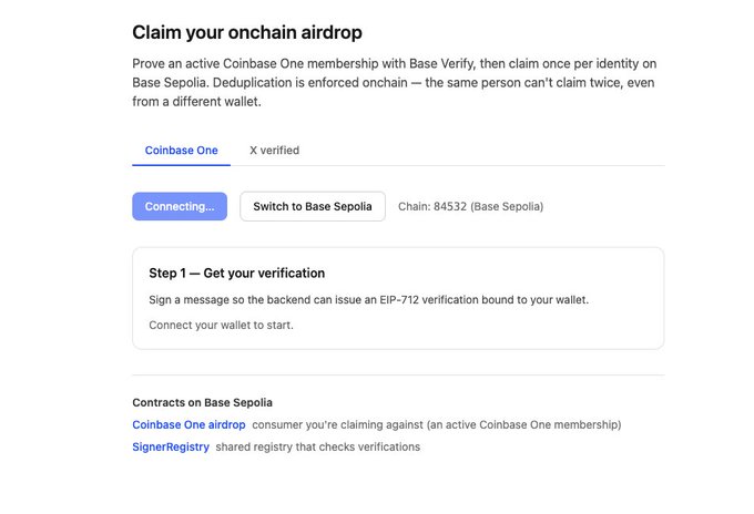 This image shows the "Claim your onchain airdrop" interface for Coinbase One on Base Sepolia (chain 84532), confirming the KYC-style verification system mentioned in the post. The process involves proving Coinbase One membership and signing a message to verify your wallet.