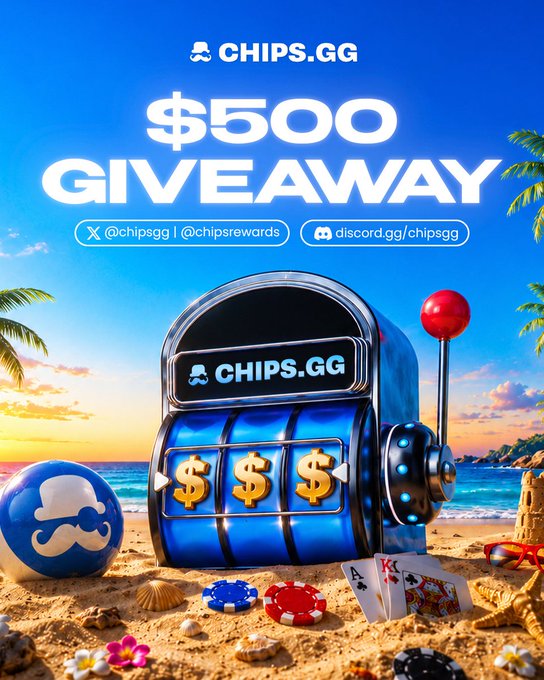 A promotional graphic for chips.gg advertises a '$500 GIVEAWAY' alongside social handles, featuring a blue slot machine, a branded ball, playing cards, and casino chips on a tropical beach.