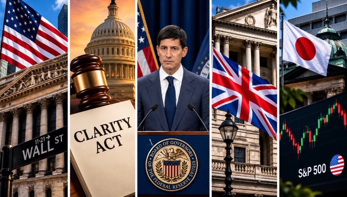 A collage featuring the Wall Street sign, U.S. Capitol with the "CLARITY Act," a Federal Reserve official at a podium, the Bank of England with a Union Jack, and a Japanese flag alongside an S&P 500 chart—visually representing the week's lineup of market-moving events including the Crypto CLARITY Act cloture vote, the FOMC interest rate decision, and global central bank and equity developments.
