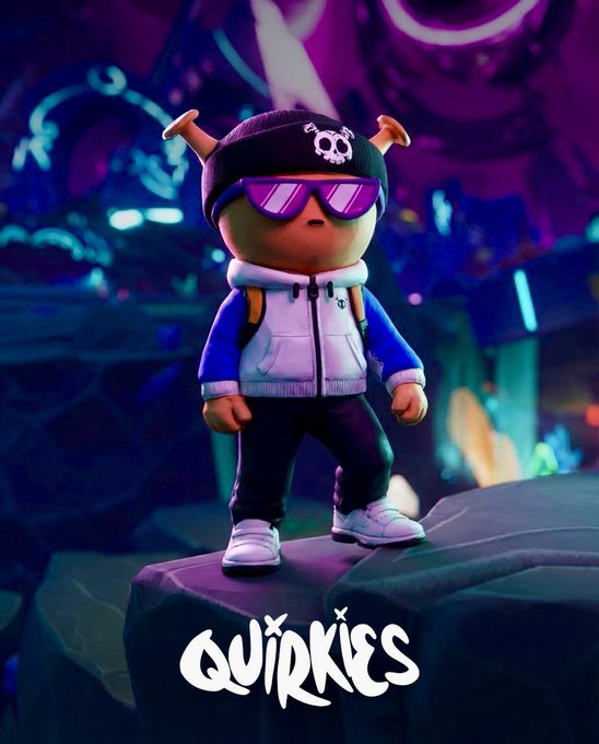 A stylized character from Quirkies stands against a vibrant neon backdrop, wearing a skull-logo beanie, reflective sunglasses, and a white and blue hoodie, with "QUIRKIES" displayed at the bottom.