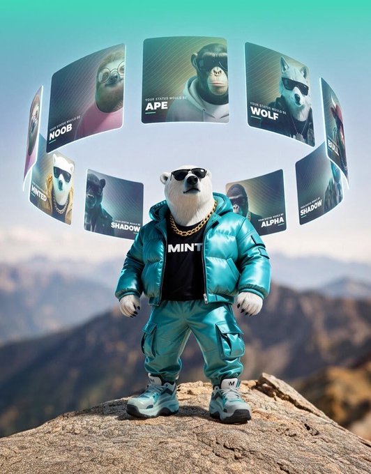 A polar bear mascot wearing a turquoise puffer jacket and gold chain stands on a rocky outcrop, surrounded by a curved array of NFT character cards labeled NOOB, APE, WOLF, SHADOW, and ALPHA.