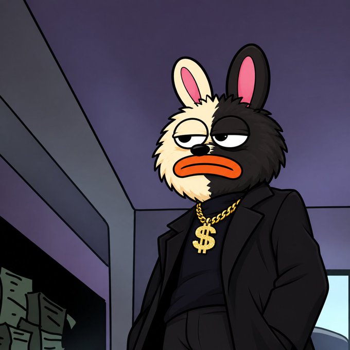 The image shows a cartoon character with a furry rabbit-like head, orange lips, a black suit, and a gold chain featuring a "$" symbol, standing in a dimly lit room with a stack of cash visible in the background. 

The image satirizes the accompanying crypto giveaway post, visually representing the typical scam aesthetic with its "money" imagery ($ necklace and cash), while the suspiciously large "free" airdrop of $200,000 $BORO and the request for users to share their $SOL address are classic hallmarks of a cryptocurrency scam designed to steal wallets.