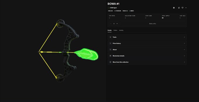 The image shows an NFT collection page titled "BOWA #1" displaying a 3D-rendered black compound bow with a glowing green arrow, priced at 0.000000 ETH, aligning with the post announcing the upcoming launch of the $BOWA NFT project where most will be gifted to holders.
