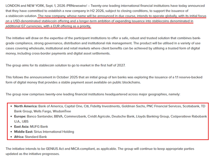 The image shows a press release announcing that 21 leading international financial institutions—including Bank of America, Citi, Goldman Sachs, Fidelity Investments, UBS, Deutsche Bank, MUFG Bank, and Standard Bank—have committed to launching a new stablecoin company in H2 2026, with an initial focus on a USD-denominated stablecoin and a planned EUR offering, aligning with the accompanying post about a 2027 US dollar stablecoin launch.