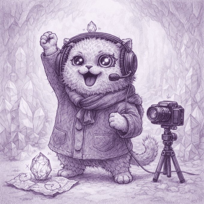 A pencil-style sketch shows a fluffy cat character wearing headphones with a microphone, raising one paw triumphantly inside a crystal cave while a camera on a tripod films it. The illustration matches the post as an @ethos_network NFT artwork, complete with crystals and a small "Ethos" label at the bottom that ties the piece to the Ethos Network collection.