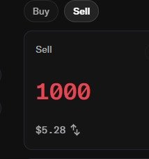 A dark interface displays a trading screen with "Buy" and "Sell" buttons, showing a red "1000" and a price of "$5.28" with a down arrow.