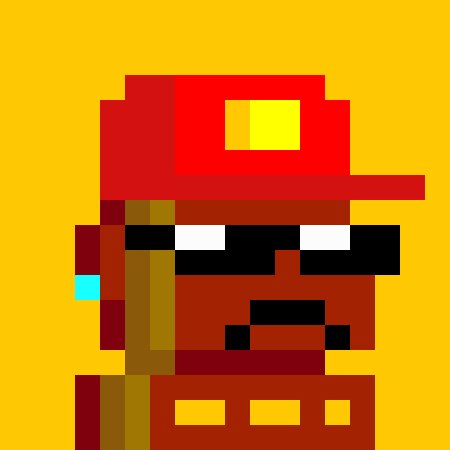 A pixel art character wearing a red cap with a yellow badge and black sunglasses, depicted in shades of red and orange against a yellow background.