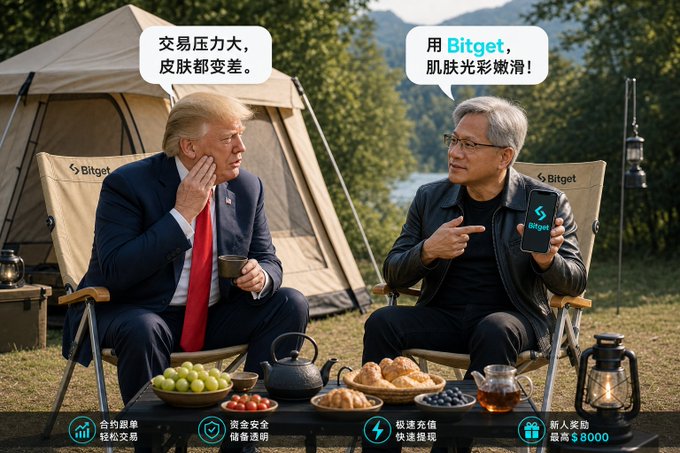 The image features two men sitting at a table with food, including fruit such as grapes and apples. One man is wearing a suit and tie while the other has a backpack on his back. The background includes trees and mountains, suggesting that they are in a park or outdoor setting. A caption below the image reads "朋友压力大吗？肌肤光彩嫩滑", which translates to "bitget" as seen on the image.
