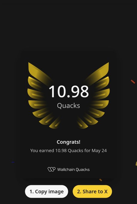 The image shows a screenshot of a social media app, specifically Quacks. The main focus is an award for earning 10.98 Quacks within one day. The award has a gold and black design with wings, symbolizing achievement or success. Below the award, there are two buttons labeled "Copy" and "Share to X", indicating that users can either copy the image of the award or share it on their social media platforms.
