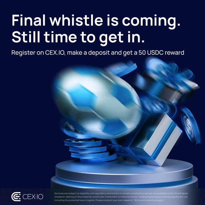 A dark blue CEX.IO promotional ad featuring a motion-blurred soccer ball crashing into a stack of coins and a trophy, with bold white text reading "Final whistle is coming. Still time to get in. Register on CEX.IO, make a deposit and get a 50 USDC reward." The sports imagery and "final whistle" phrasing reinforce the urgency of the limited-time 50 USDC sign-up bonus mentioned in the post, visually tying the crypto exchange offer to a closing opportunity.