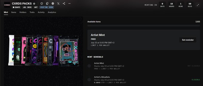 A Magic Eden marketplace page for 'CXRDS PACKS' NFT collection, displaying the 'Artist Mint' starting July 23 at 5:00 PM GMT+2 with a FREE price tag and mint schedule.