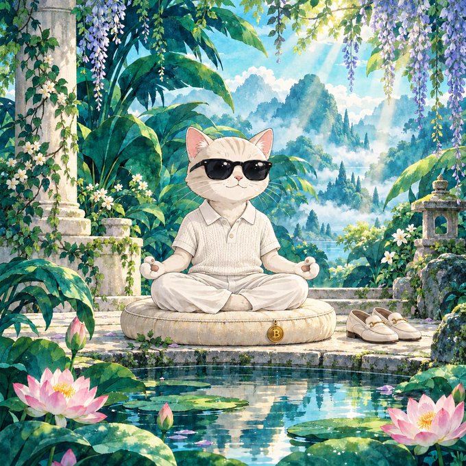 A whimsical watercolor-style illustration of a white cat wearing sunglasses and a polo shirt, meditating in a lotus pose on a cushion by a pond with lotus flowers, in a lush garden setting.