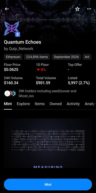 An NFT collection page on OpenSea for 'Quantum Echoes' by Quip_Network on Ethereum, showing a floor price of 0.0625 ETH, 224,896 items, and a 'Mint' button.