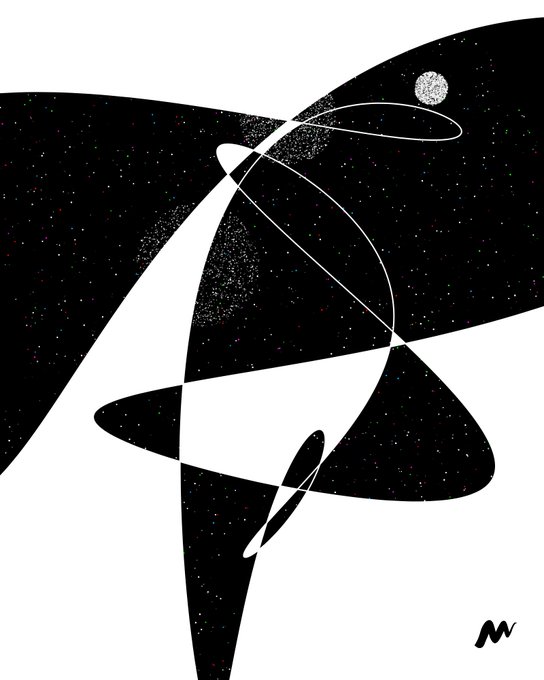 The image features a black and white abstract art piece that depicts an unusual shape with lines and dots, giving it a celestial appearance. The artwork is titled "Celestial View" and has been posted by @mwj on Instagram. The artist's name is also mentioned in the caption.