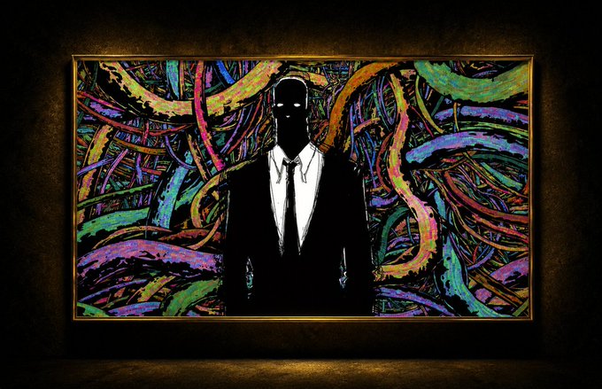 A framed artwork displayed on a dark wall, depicting a black silhouette of a man in a suit with glowing white eyes, set against a vibrant, swirling colorful background reminiscent of Van Gogh's style.