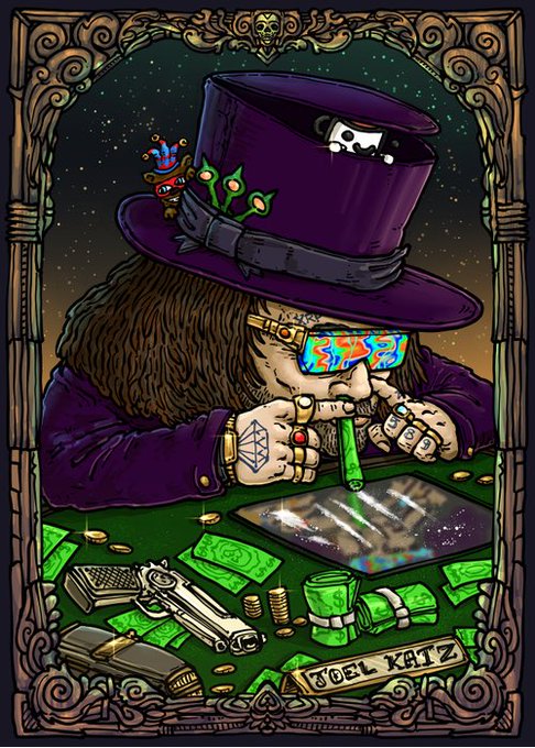 A tarot-style illustration labeled 'JOEL KATZ' depicting a bearded figure in a purple top hat adorned with marijuana leaves, wearing trippy rainbow sunglasses and surrounded by cash, gold coins, and drugs.