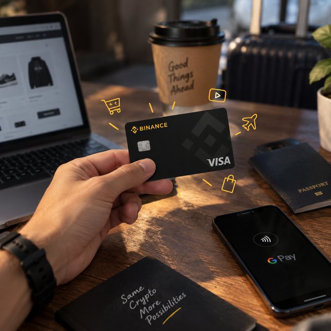 A person's hand holding a black Binance Visa card on a wooden desk, surrounded by a laptop showing a shopping site, a coffee cup reading 'Good Things Ahead', a passport, a Google Pay phone, and a notebook saying 'Same Crypto More Possibilities'.