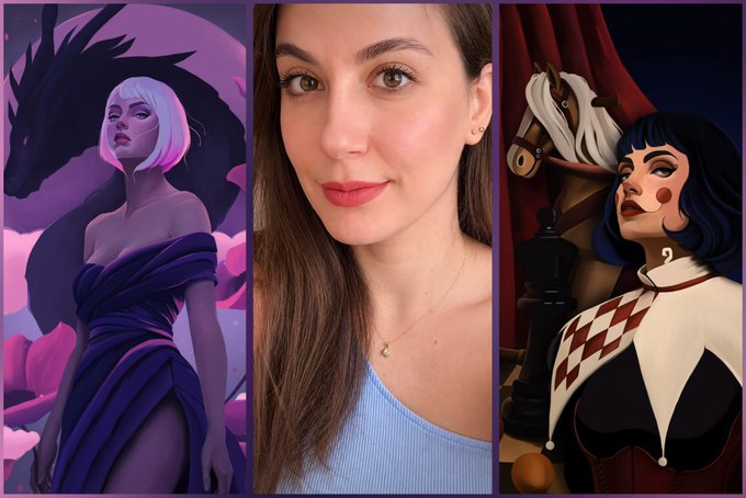 A three-panel split image shows a digital illustration of a white-haired woman with a dragon on the left, a real-life selfie of a young woman with brown hair in the center, and a digital illustration of a dark-haired jester character on the right.