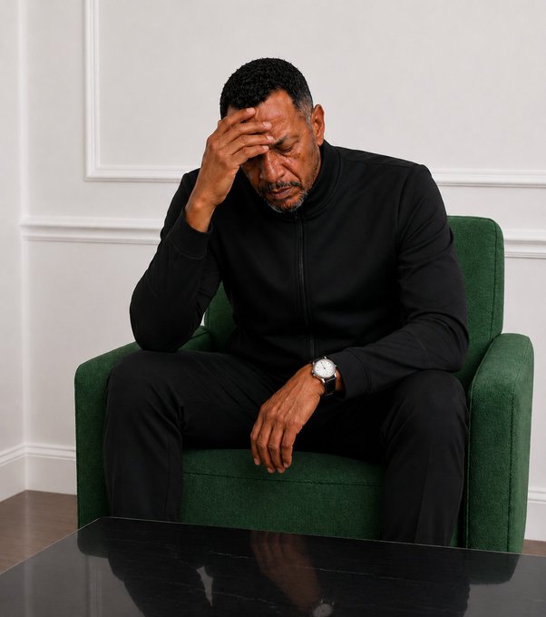A man in a black shirt sits on a green chair with his hand on his forehead, eyes closed in apparent distress or exhaustion. His posture and expression convey frustration or worry, mirroring the post's tone of lamenting the end of the X (formerly Twitter) Creators Revenue Sharing program, allegedly halted by Elon Musk.